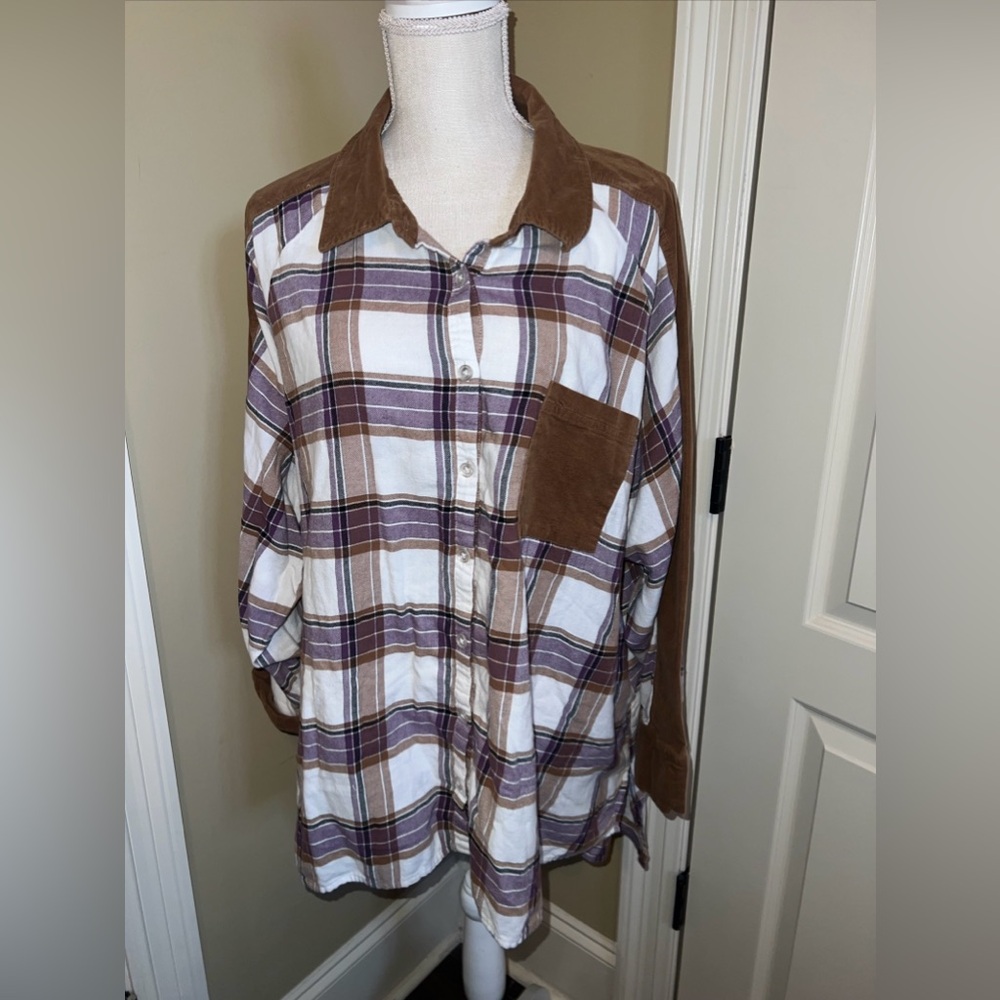 Cato SIZE 18/20W PURPLE Plaid WITH BROWN Button-up Long Sleeve Top